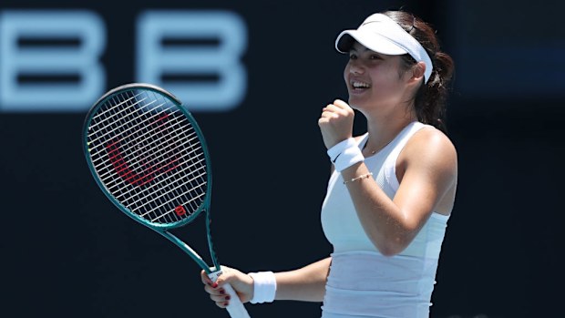 Emma Raducanu of Great Britain celebrates winning against Ekaterina Alexandrova.