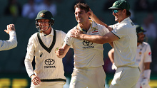 MELBOURNE, AUSTRALIA - DECEMBER 29: Pat Cummins of Australia celebrates with team mates the wicket of Aamer Jamal of Pakistan during day four of the Second Test Match between Australia and Pakistan at Melbourne Cricket Ground on December 29, 2023 in Melbourne, Australia. (Photo by Robert Cianflone/Getty Images)