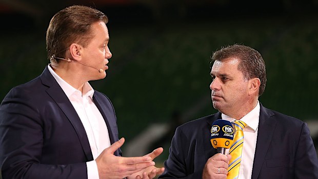 Socceroos coach Ange Postecoglou speaks to media personality Mark Bosnich.