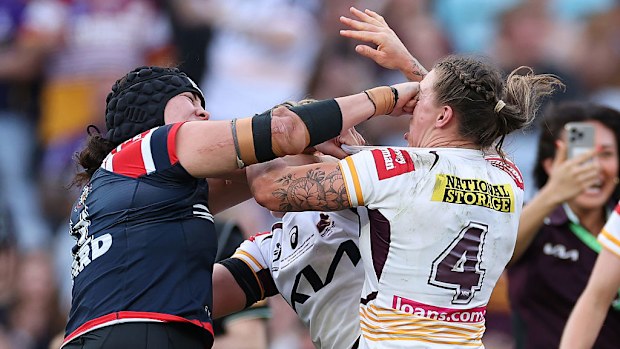 Aliyah Nasio and Julia Robinson of the Broncos fight at full time.