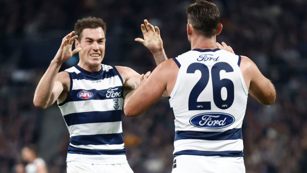 Jeremy Cameron (left) and Tom Hawkins of the Cats celebrate win. 