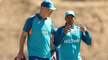 Andrew McDonald talks to Usman Khawaja ahead of the first Test against Pakistan. 