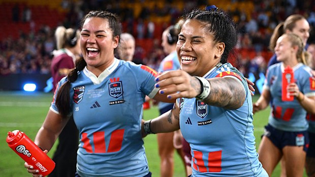 Simaima Taufa and Kennedy Cherrington celebrate NSW's win.