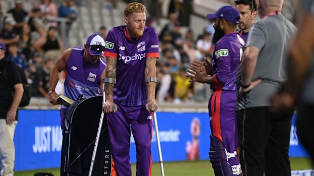 Ben Stokes of Northern Superchargers on crutches after picking up an injury.