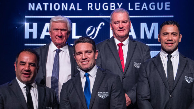 (L-R) Stacey Jones, Ray Warren, Danny Buderus, Craig Young and Ruben Wiki inducted into  the 2019 NRL Hall of Fame.