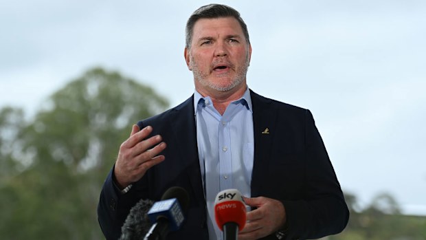 Rugby Australia chairman Daniel Herbert speaks to the media during a press conference.