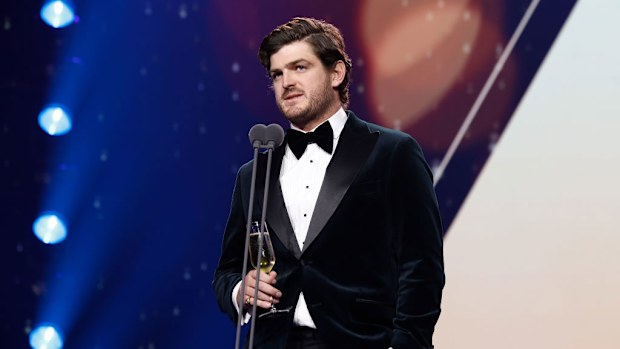 Angus Brayshaw of the Demons toasts retiring players at the 2024 Brownlow Medal.