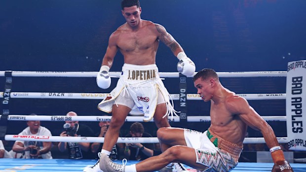 Jai Opetaia knocks down David Nyika.