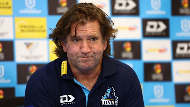 Des Hasler head coach of the Titans speaks to the media.