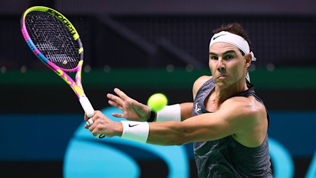 Rafael Nadal of Team Spain plays a backhand.
