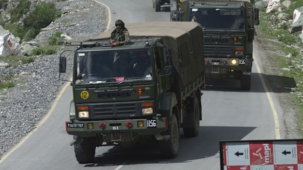 An Army convoy passes through Gagangeer along a highway leading to Ladakh on September 1.