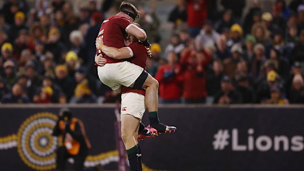 Garry Ringrose of British & Irish Lions celebrates with teammate Tom Curry after scoring a try.