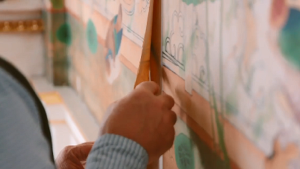 Buckingham Palace renovation wallpaper being conserved