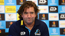 Des Hasler head coach of the Titans speaks to the media.