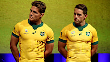 Wallabies captain Michael Hooper and Bernard Foley during the 2019 Rugby World Cup jersey launch.