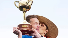 Mark Zahra celebrates winning the Melbourne Cup in 2022. 