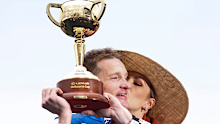 Mark Zahra celebrates winning the Melbourne Cup in 2022. 