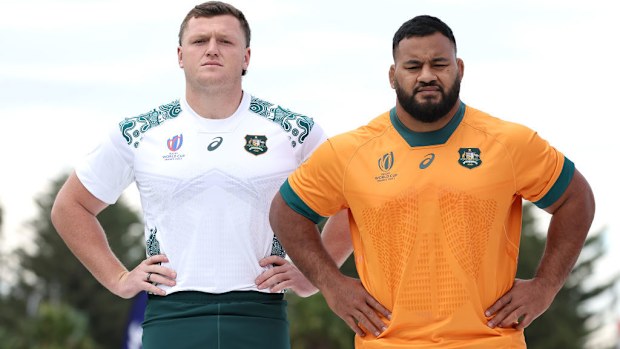 Angus Bell and Taniela Tupou pose during a Rugby Australia media opportunity at Coogee Oval.