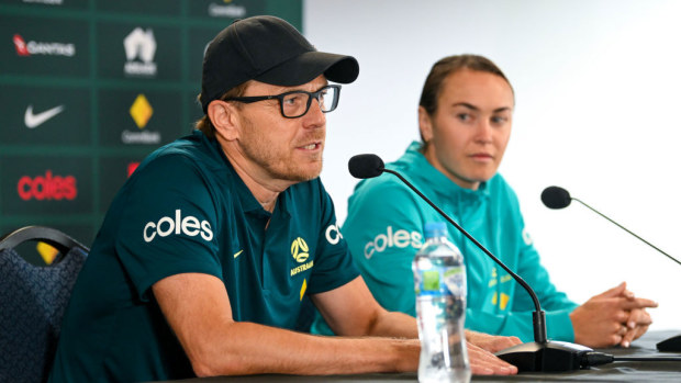 Tony Gustavsson, Head Coach of Australia, and Caitlin Foord of Australia speak to media during a Australia Matildas press conference.