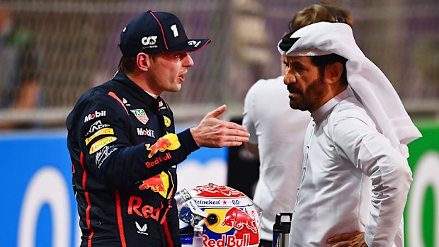 Second placed Max Verstappen of the Netherlands and Oracle Red Bull Racing talks with Mohammed ben Sulayem, FIA President in parc ferme during the F1 Grand Prix of Saudi Arabia.