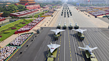 Drones and other armament formations pass during the military parade to commemorate the 80th anniversary of the end of World War II  held in front of Tiananmen Gate in Beijing, on Wednesday, September 3, 2025.