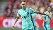 Caitlin Foord #9 of Australia signals to her team during the first half against Canada.