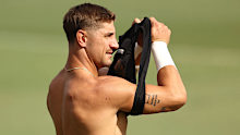 Zac Lomax looks on during a Parramatta Eels NRL training session at Kellyville Park.