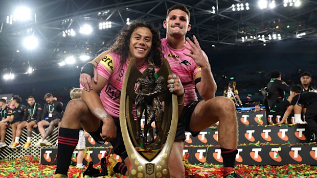 Jarome Luai and Nathan Cleary of the Panthers.