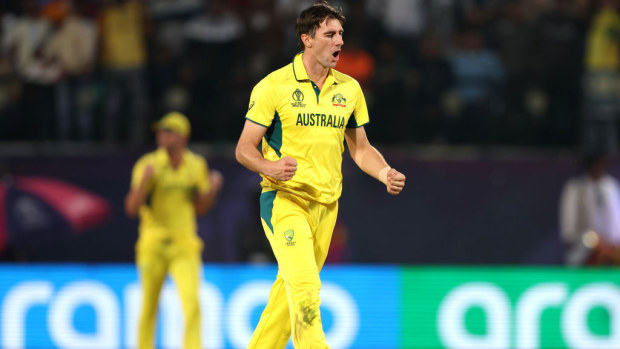 Pat Cummins of Australia celebrates after taking the wicket