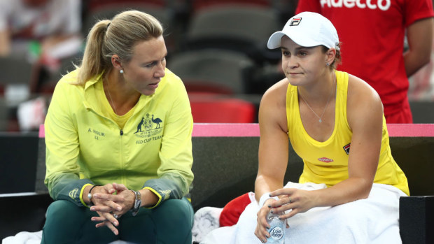 Ashleigh Barty and Australian Captain Alicia Molik at the Fed Cup World Group Semi Final - Australia v Belarus in 2019.