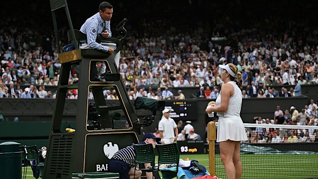 Anastasia Pavlyuchenkova speaks to the match umpire as the hawk eye line calling system is checked for a fault.