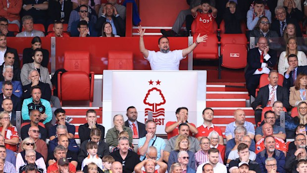 Nottingham Forest owner Evangelos Marinakis gestures during a Premier League match.