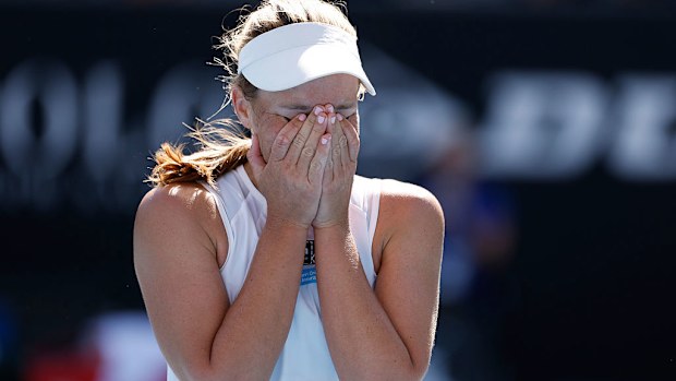 Maddison Inglis of Australia shows emotion after her victory against Laura Siegemund.