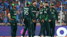 Pakistan celebrate a wicket against India. 