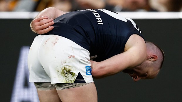 Sam Docherty of the Blues bows to the crowd.