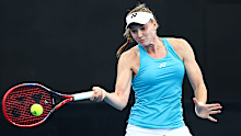 Elena Rybakina of Kazakhstan  plays a shot in her match against Kimberly Birrell of Australia in their 2025 Billie Jean King Cup Qualifier tie between Australia and Kazakhstan.