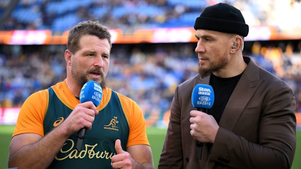 James Slipper of Australia talks with Stan Sport commentator Sonny Bill Williams.