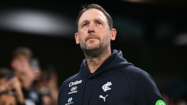 Carlton interim coach josh Fraser looks on as his team posts a much-needed win. 