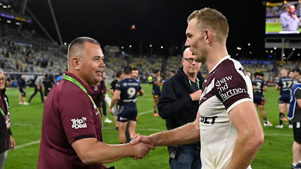Sea Eagles coach Anthony Seibold celebrates with Tom Trbojevic.