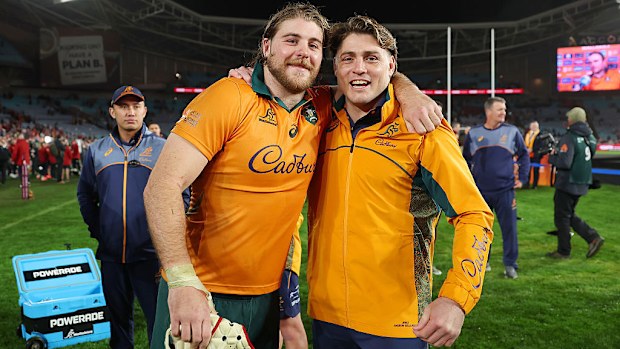 Fraser McReight and James O'Connor of the Wallabies pose for a photo.