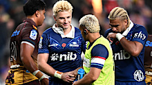 Beauden Barrett of the Blues celebrates after kicking the winning penalty in extra time.