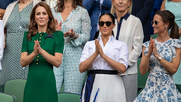 Kate is joined by the Duchess of Sussex and sister Pippa at Wimbledon 2019.