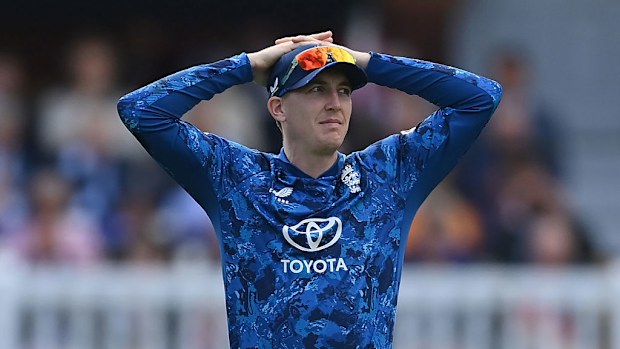 Harry Brook of England looks on during the 2nd Metro Bank ODI between England and South Africa at Lord's Cricket Ground.