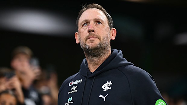 Carlton interim coach josh Fraser looks on as his team posts a much-needed win. 
