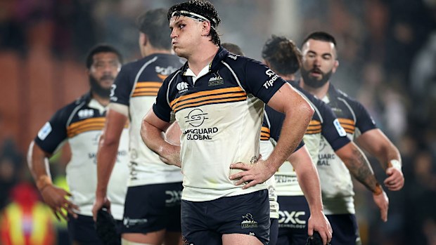 Tom Hooper of the Brumbies reacts to the loss.