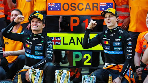 Lando Norris of Great Britain and McLaren and Oscar Piastri of Australia and McLaren during the McLaren team photo during the F1 Grand Prix of China at Shanghai International Circuit on March 23, 2025 in Shanghai, China. (Photo by Kym Illman/Getty Images)