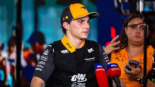 A frustrated Oscar Piastri of Australia speaks in the press pen after the F1 Grand Prix of Singapore.