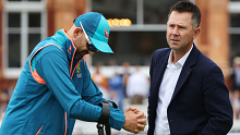 LONDON, ENGLAND - JULY 01: Nathan Lyon of Australia speaks to Ricky Ponting while on crutches after sustaining an injury on Day Two during Day Four of the LV= Insurance Ashes 2nd Test match between England and Australia at Lord's Cricket Ground on July 01, 2023 in London, England. (Photo by Ryan Pierse/Getty Images)