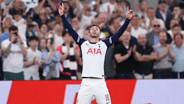 James Maddison of Tottenham Hotspur celebrates scoring his team's second goal.