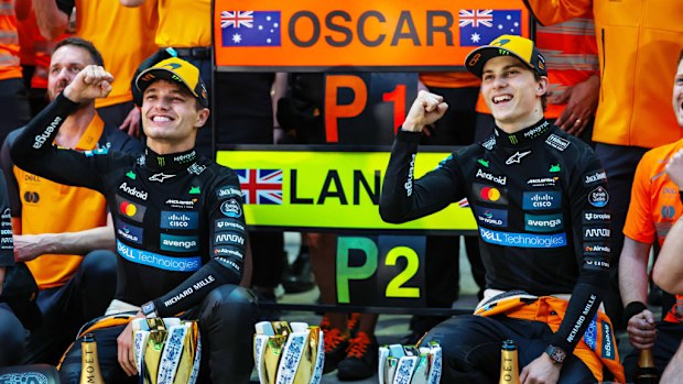 Lando Norris of Great Britain and McLaren and Oscar Piastri of Australia and McLaren during the McLaren team photo during the F1 Grand Prix of China at Shanghai International Circuit on March 23, 2025 in Shanghai, China. (Photo by Kym Illman/Getty Images)